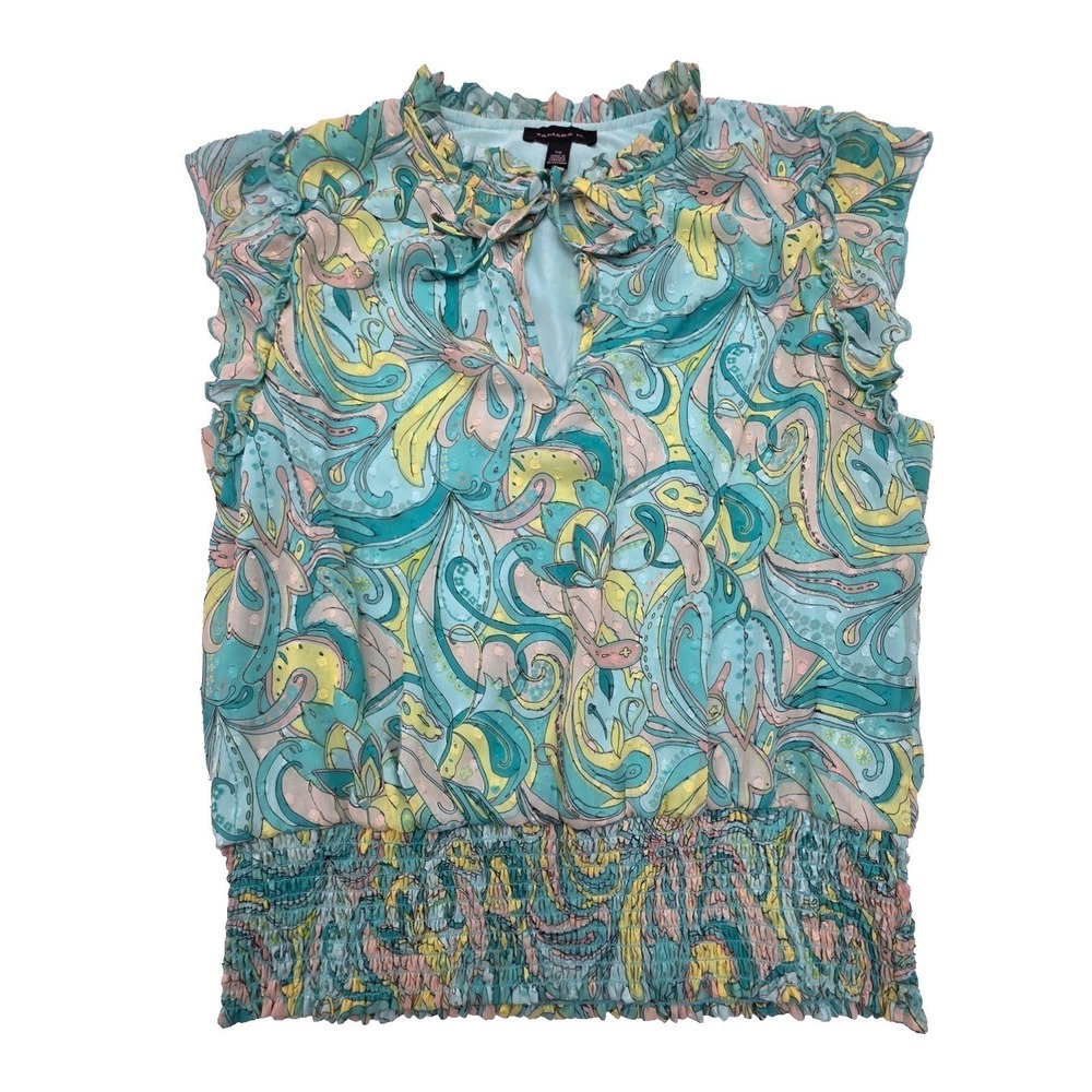 Tamara H Womens Paisley Clip Dot Blouse Smocked Hem Ruffle Neck Turquoise Large - Picture 1 of 10